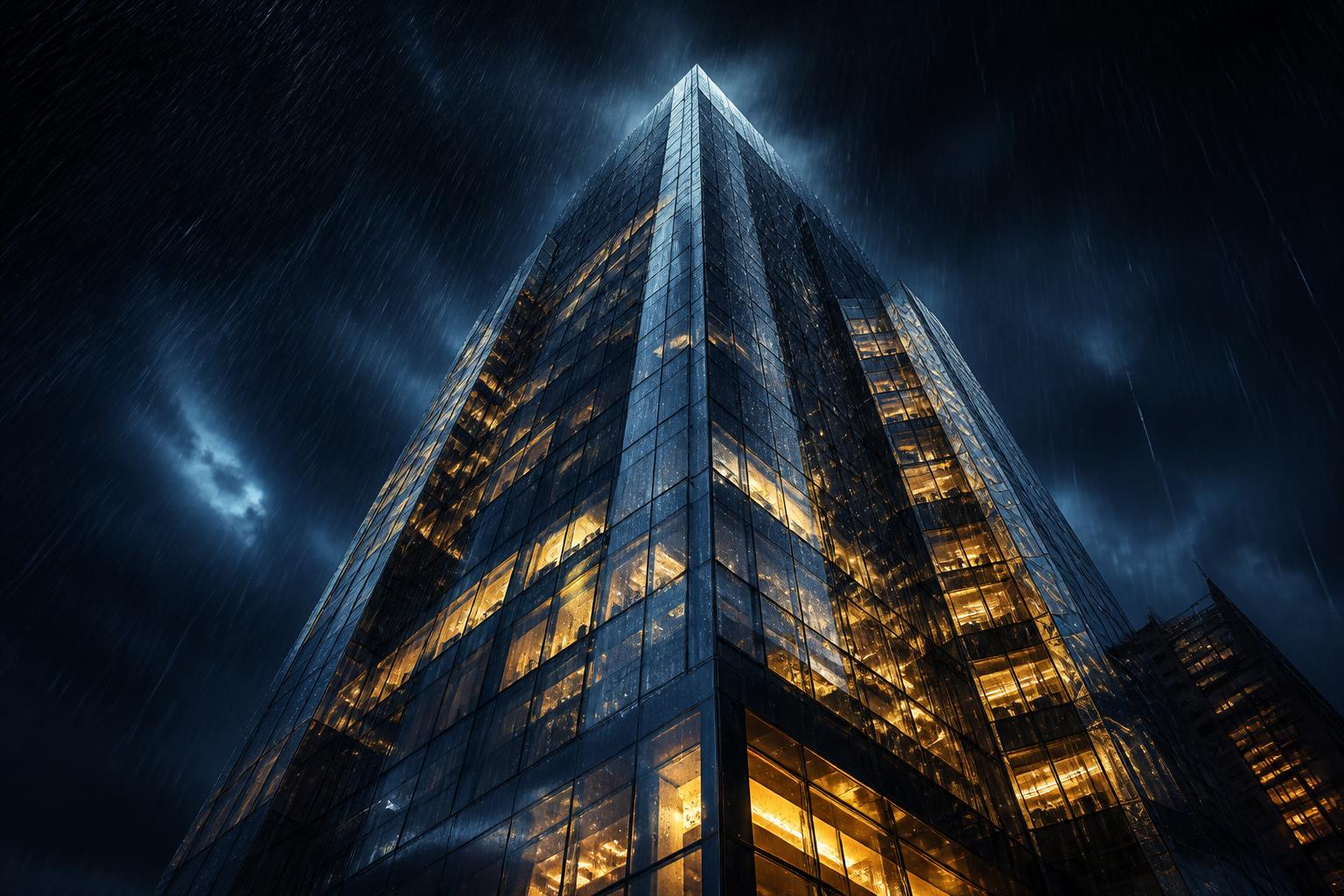 Office tower lit at night in the rain