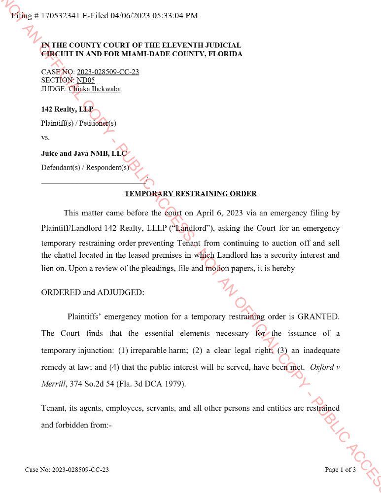 Document excerpt: 142 Realty, LLLP v. Juice and Java NMB, LLC — County Court, Miami-Dade County (Emergency TRO)