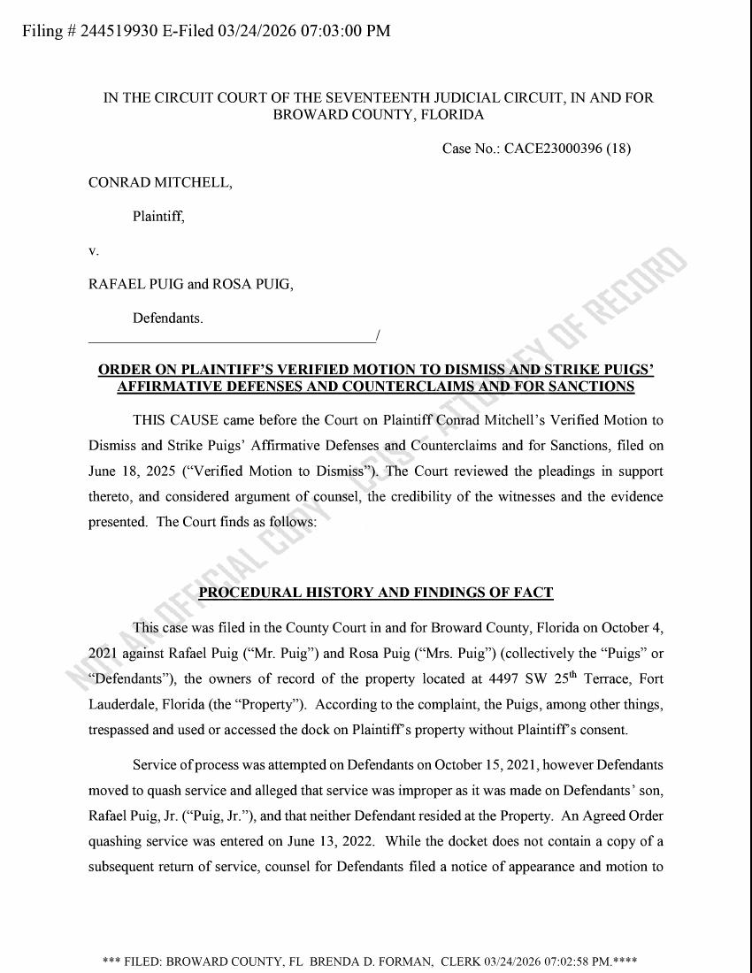 Document excerpt: Mitchell v. Puig — Circuit Court, Broward County (Sham Pleadings Stricken; Default Entered)