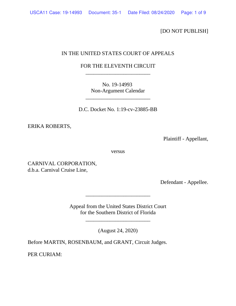 Document excerpt: Roberts v. Carnival Corp. — U.S. Court of Appeals, Eleventh Circuit