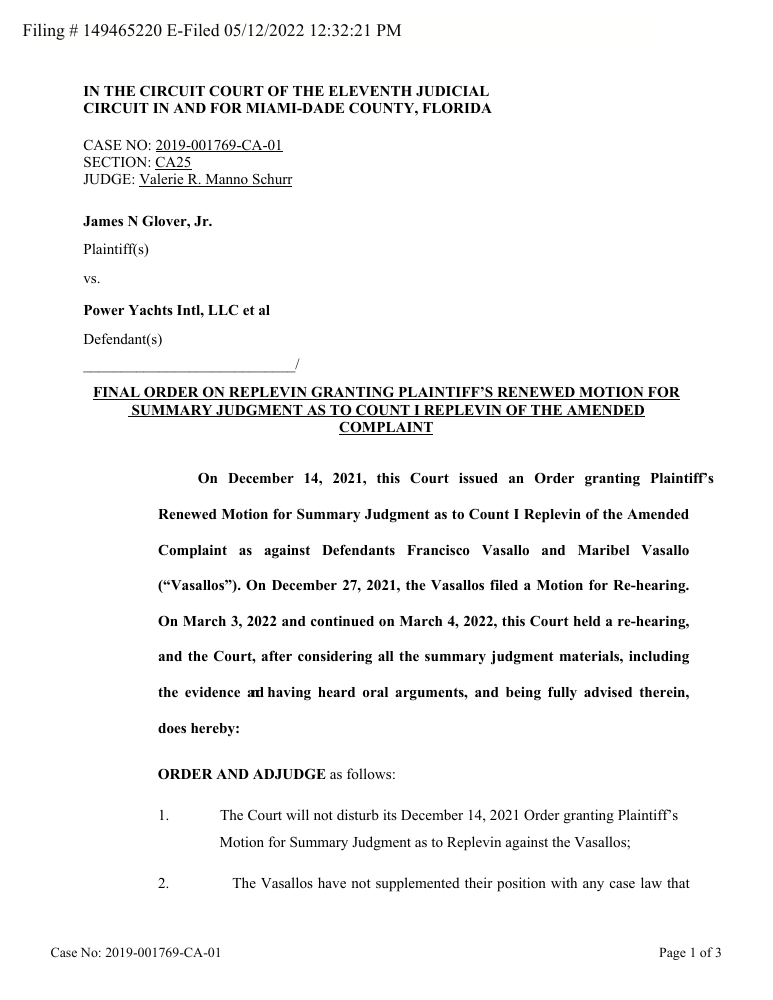 Document excerpt: Glover v. Power Yachts Int'l, LLC / Vasallo — Circuit Court, Miami-Dade County (Replevin)