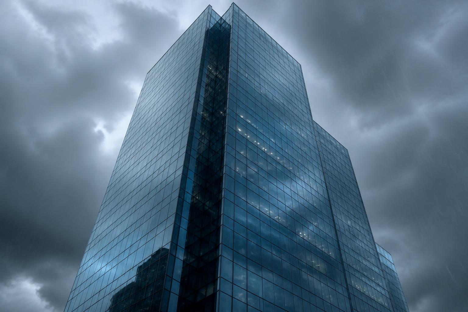 Office tower under storm clouds in the rain