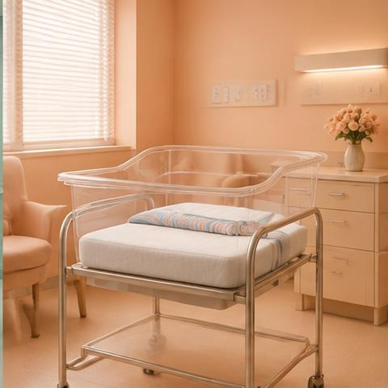 Hospital maternity room with an empty newborn bassinet