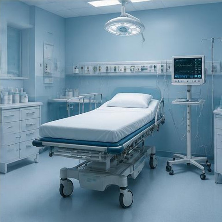 Empty emergency department treatment bay with bed and privacy curtain