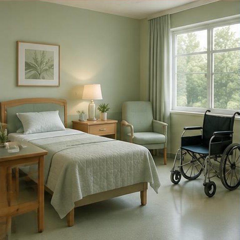 Nursing home sitting room with a walker beside a chair
